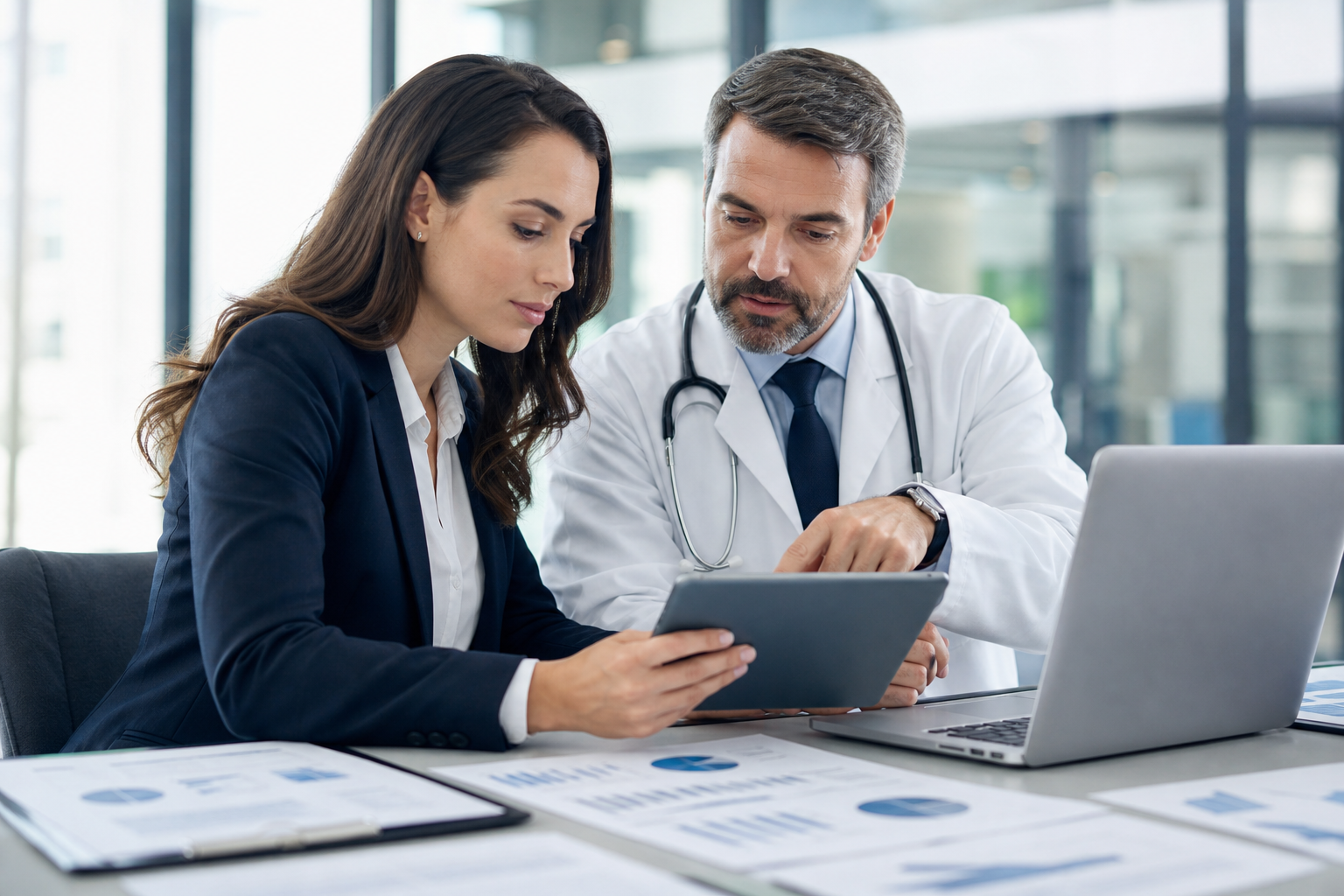 Clinical operations professional reviewing data with a physician
