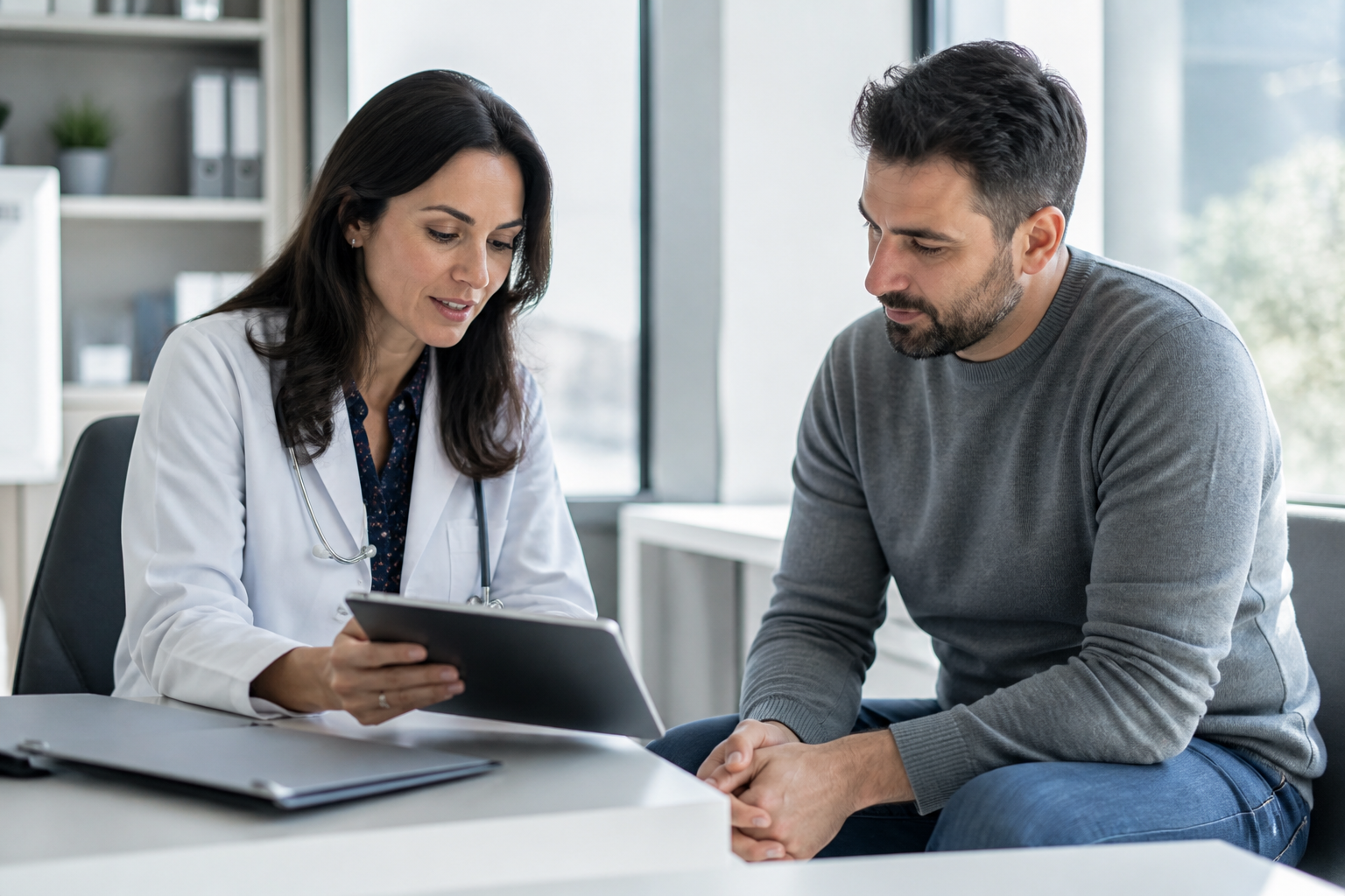 Doctor and patient reviewing clinical trial information